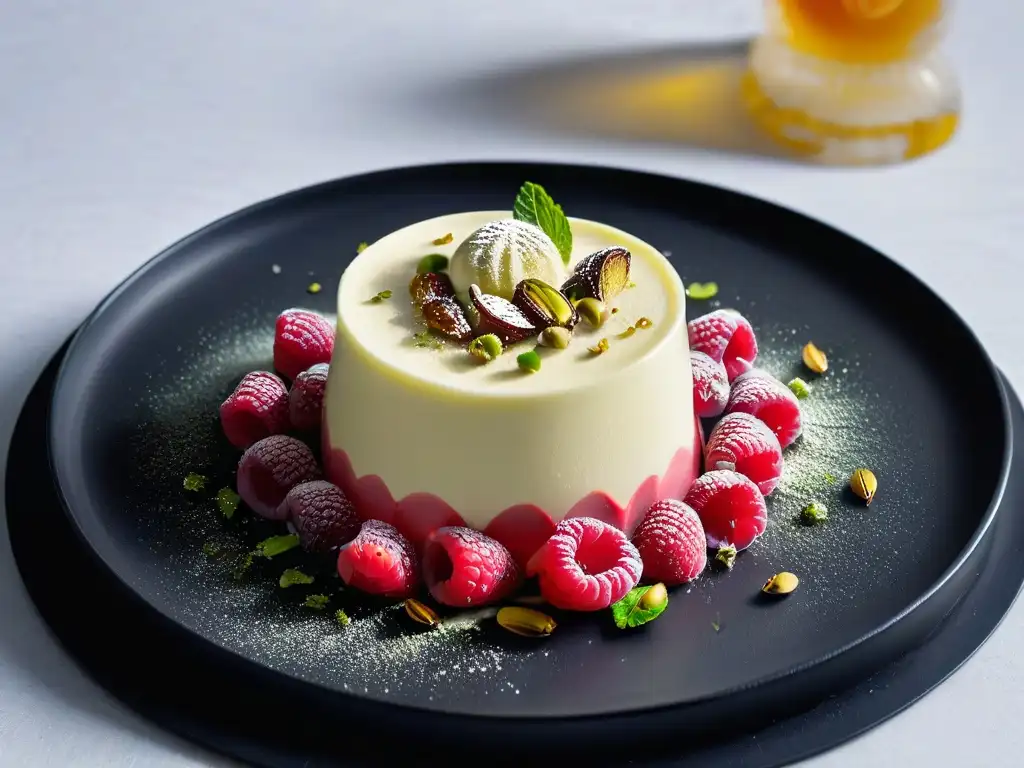 Exquisita panna cotta vegana: detalle y elegancia Delicada panna cotta vegana con agar agar, coulis de frambuesa y pistachos triturados en un elegante plato