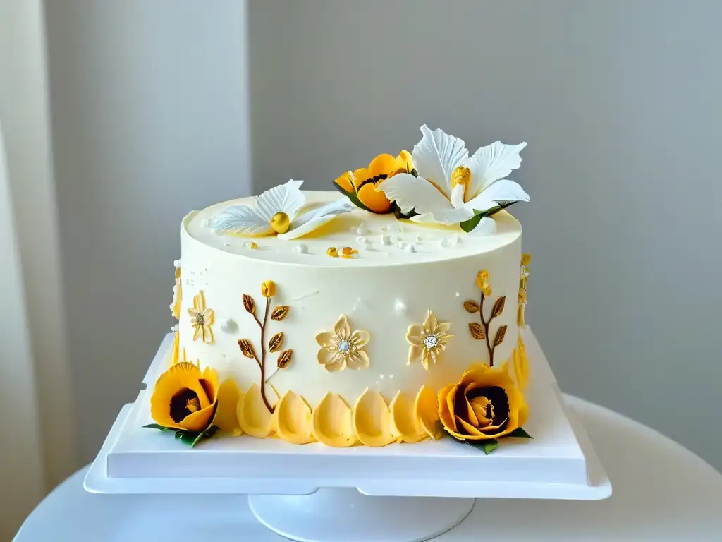 Exquisita tarta de tres pisos decorada con detalle y elegancia Delicada creación de menús de repostería: un exquisito pastel de tres niveles decorado con detalle, flores de azúcar y toques dorados