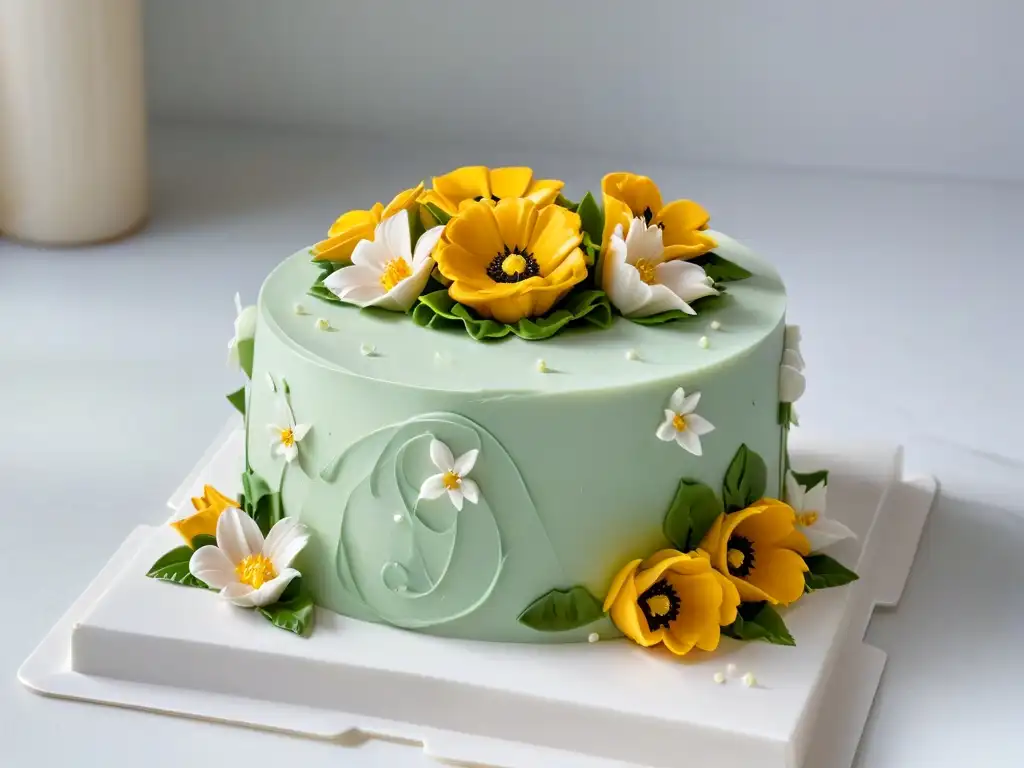Exquisita pastelería: arte en fondant y decoración detallada Delicada creación repostera decorada con flores de fondant y detalles elegantes, sobre encimera de mármol