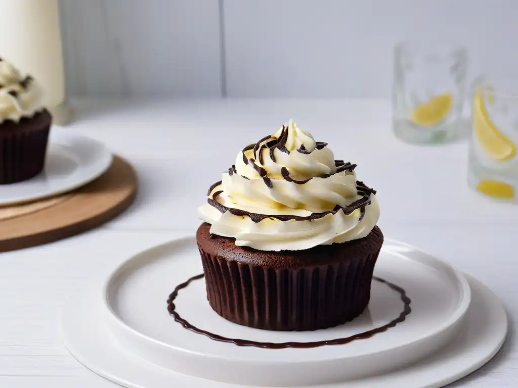 Delicioso cupcake de chocolate con crema vegana y vainilla Delicada crema agria vegana decorando un cupcake de chocolate, con toques de vainilla, en un elegante plato blanco en una cocina rústica