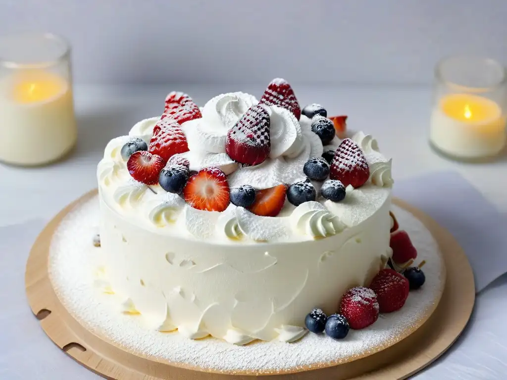 Delicada crema batida baja calorías sobre frutas frescas, elegante y tentadora