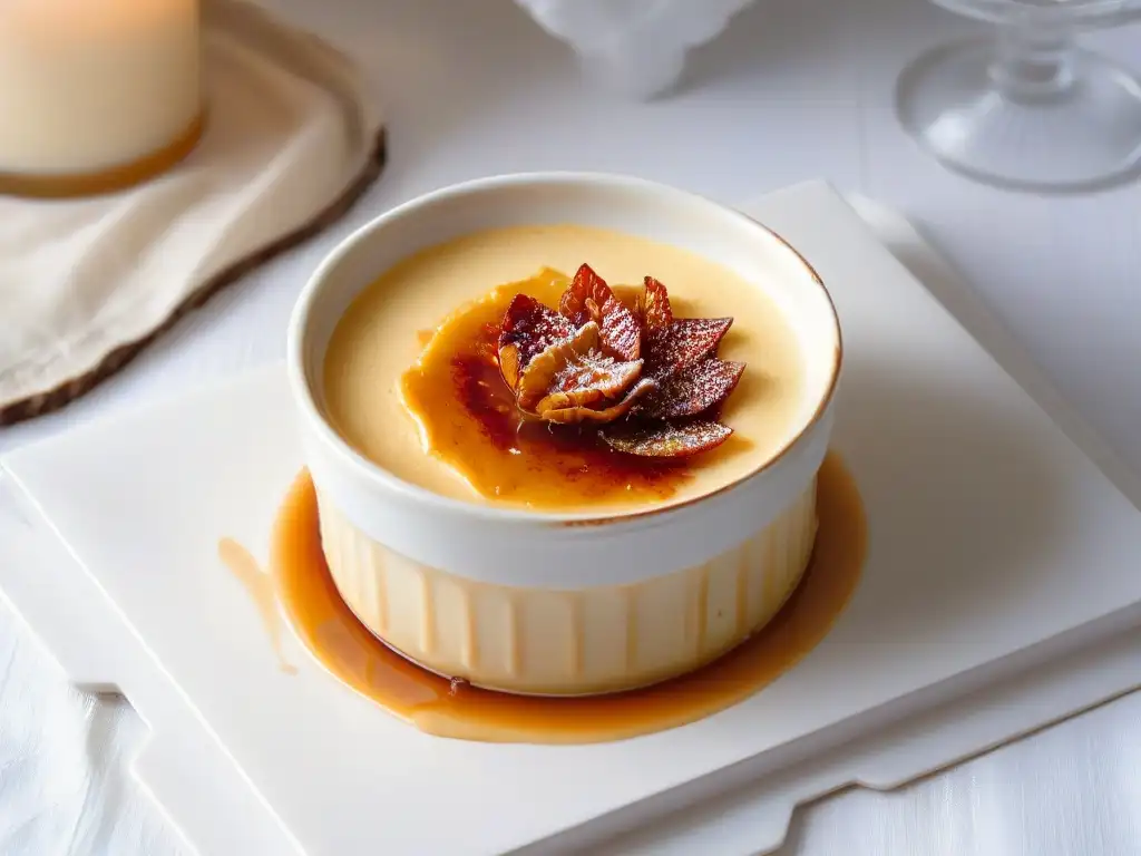 Delicada Crema Catalana con caramelo dorado en ramekin blanco sobre mesa rústica