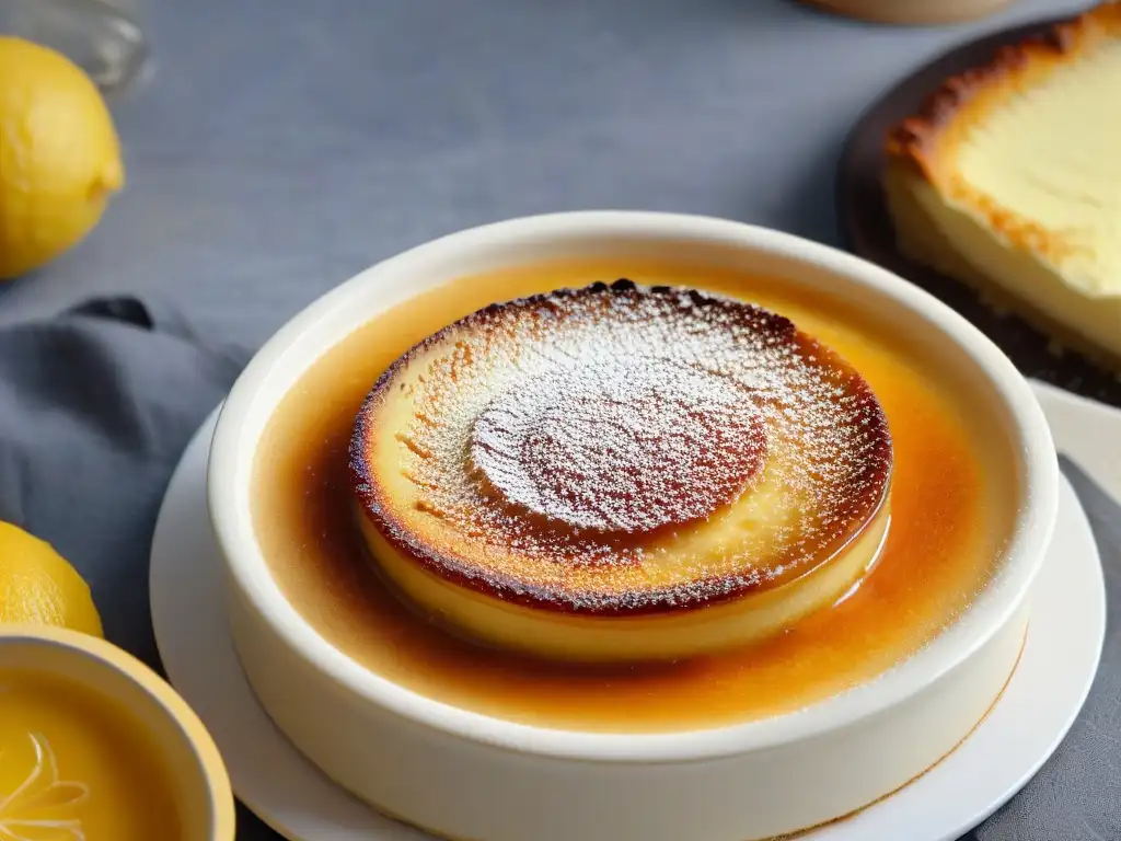 Delicada crème brûlée con corteza dorada, revelando la cremosa custard y vainilla, ejemplificando la Química en repostería moderna