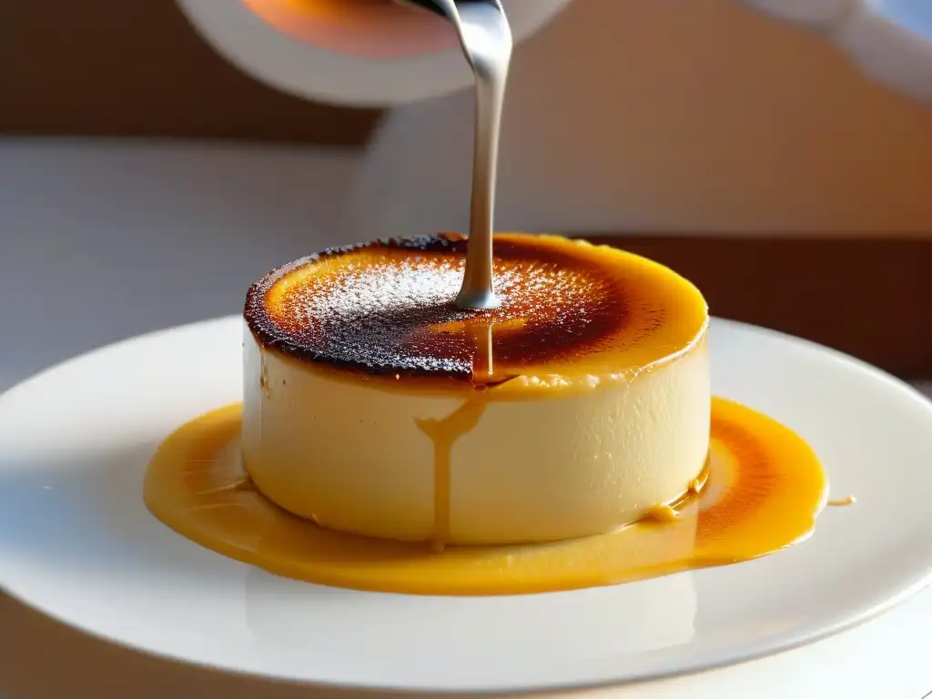 Delicada caramelización Maillard en un crème brûlée dorado, resaltando la repostería