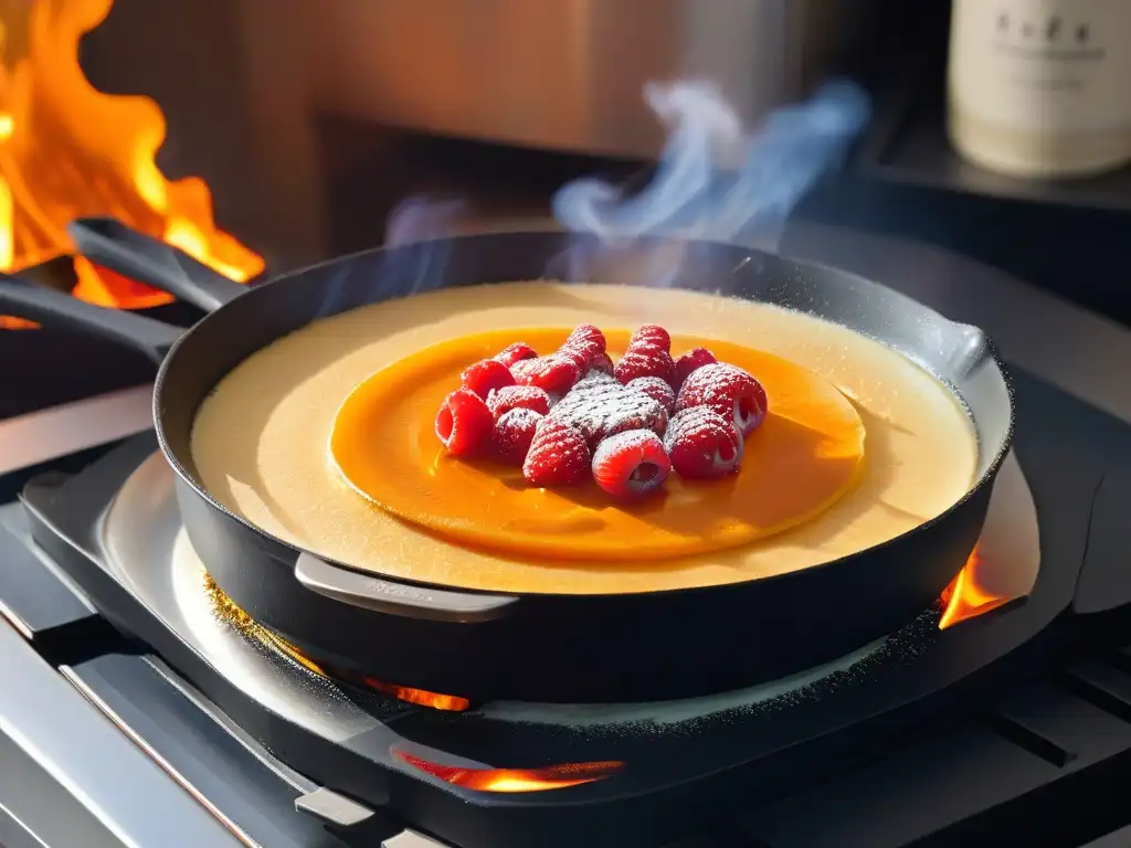 Una delicada Crepe Suzette flambeada en una sartén de cobre, con llamas vibrantes danzando alrededor