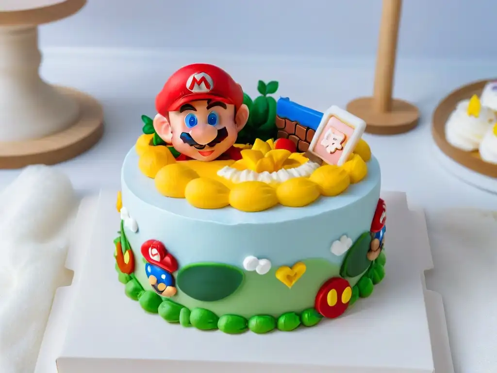 Delicada magdalena Super Mario con detallado diseño de personajes sobre un plato moderno
