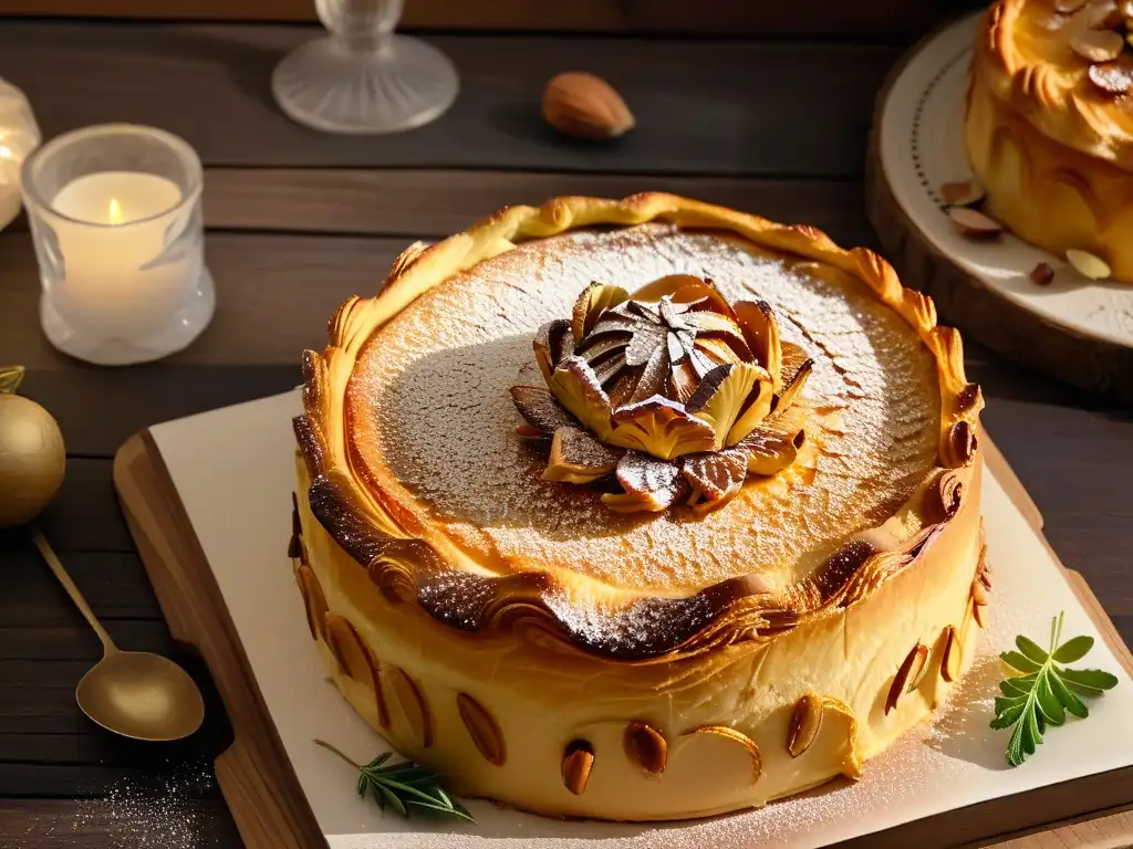 Delicada Galette des Rois dorada con corona de almendras y masa hojaldrada, acompañada de higos frescos y almendras enteras en una mesa rústica