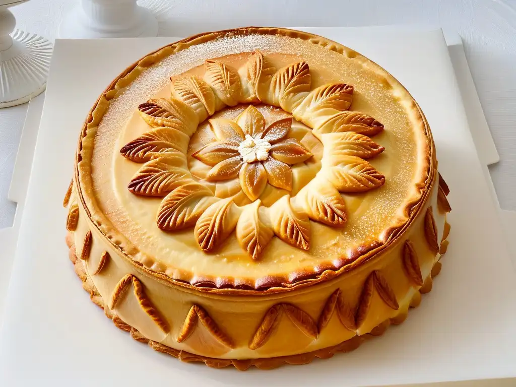 Delicada Galette de Rois casera dorada y esculpida, rellena de crema de almendra, con detalle en fondo blanco