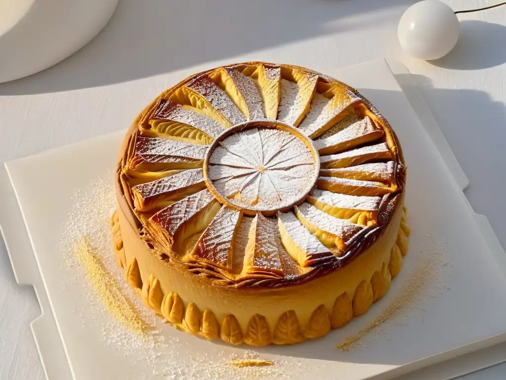 Delicada Galette des Rois dorada con patrones geométricos, espolvoreada con azúcar glass