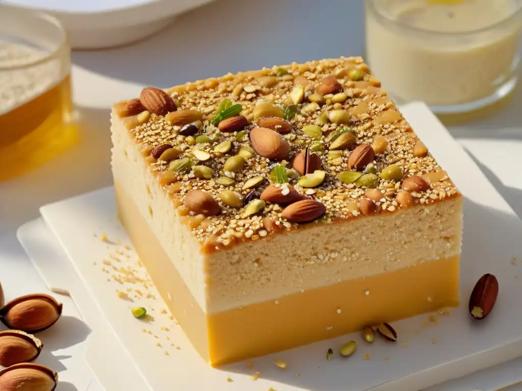 Delicada y elegante receta casera de halva de sésamo, con capas de semillas, miel y nueces brillantes, decorada con pistachos triturados