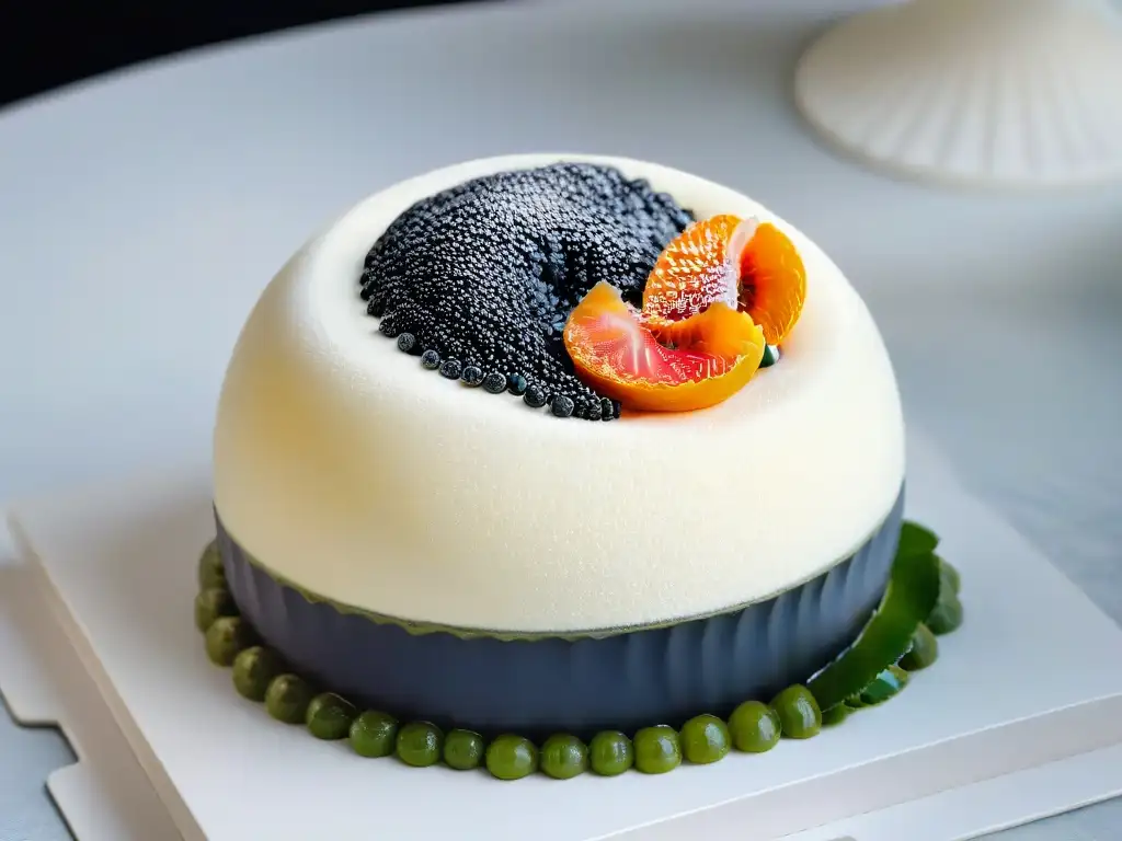 Delicada esfera de azúcar se rompe, revelando caviar de frutas inspirado en repostería molecular