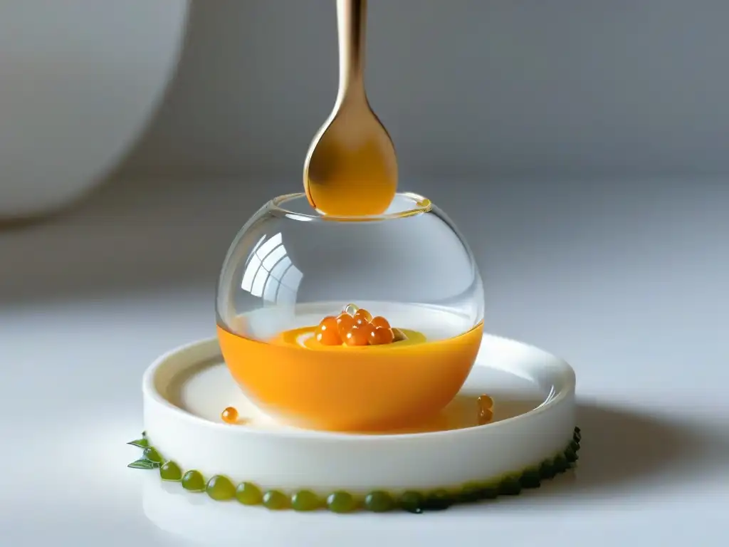Delicada esfera de caviar de mango en gel transparente sobre cuchara moderna, destacando técnicas repostería molecular postres
