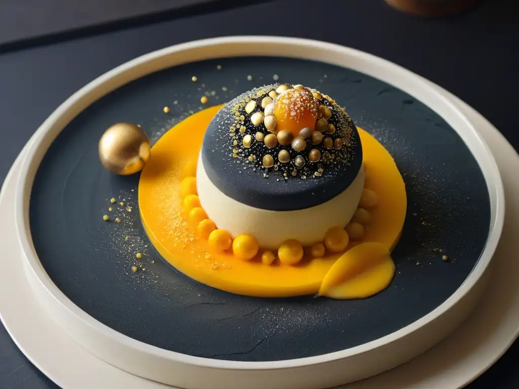Delicada esfera de caviar de mango con hoja de oro comestible, destacando la importancia de la precisión en la repostería molecular