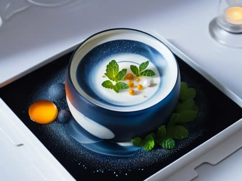 Dulce esfera galáctica: arte en la gastronomía molecular Una delicada esfera de postre con patrón de galaxia en gelatina, en una cáscara de azúcar transparente