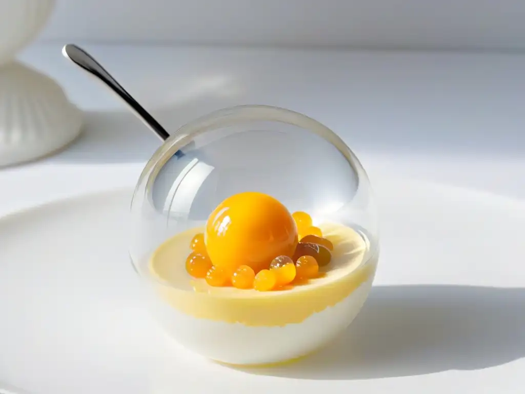 Delicada esferificación de mango en gelatina transparente en cuchara blanca