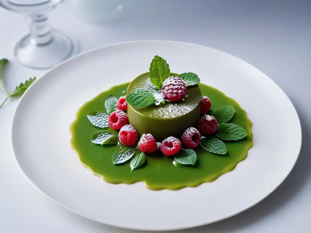 Delicada esferificación de postre con menta y coulis de frambuesa