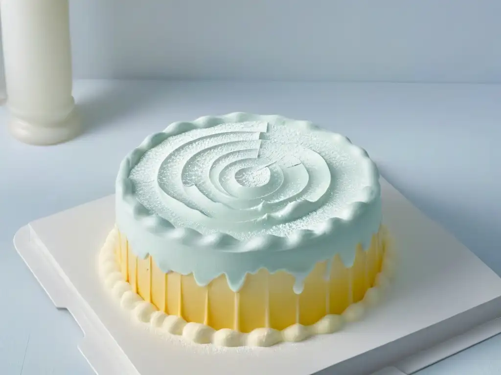 Delicada espuma dulce innovadora con burbujas finas y textura aireada, destacando en un fondo elegante