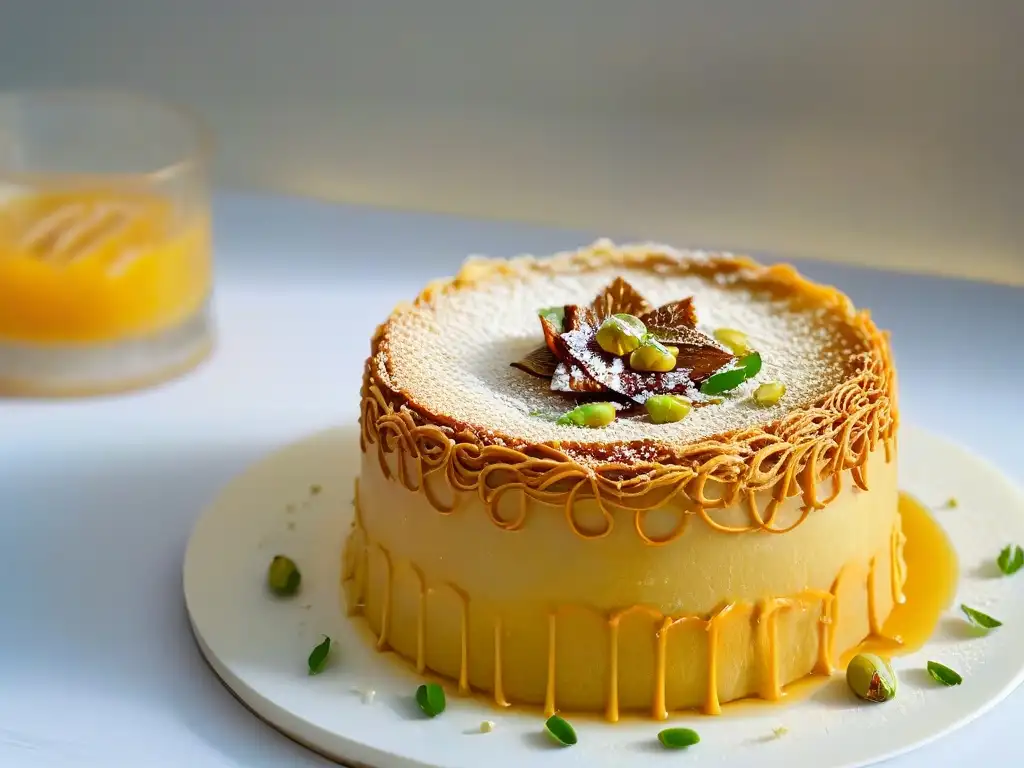 Delicada preparación experta de Kunafa: capas doradas de masa filo, pistachos y jarabe de azahar brillan bajo luz suave