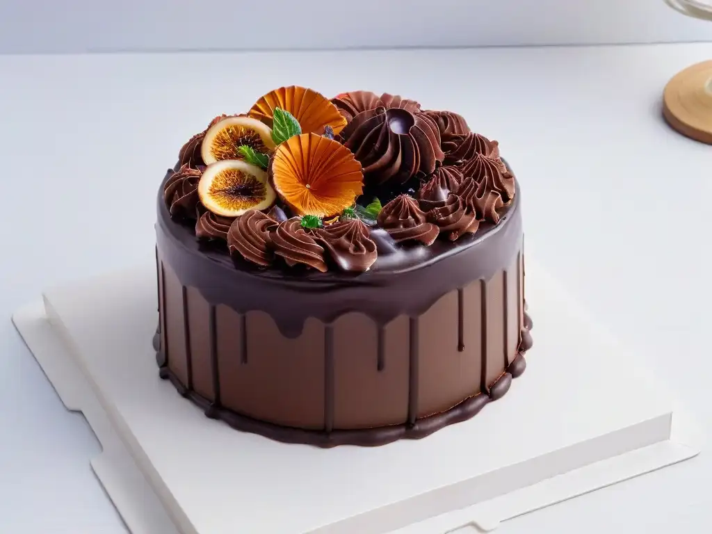 Delicioso pastel de chocolate: ilustración detallada Delicada evolución de un exquisito pastel de chocolate con capas húmedas, ganache y rizos de chocolate, sobre fondo blanco elegante