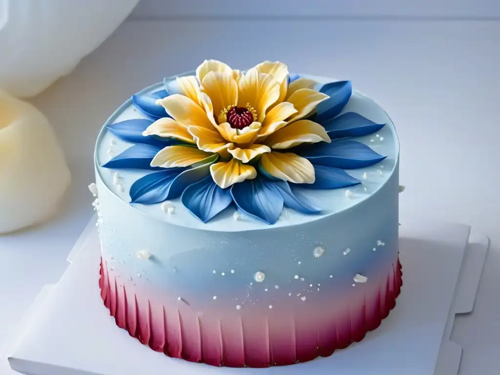 Exquisita flor de azúcar en detalle: arte en pastelería Delicada flor de azúcar realista en una elegante tarta