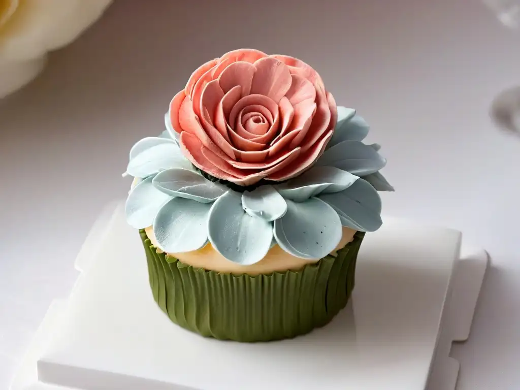 Detalles de una flor de azúcar en cupcake Delicada flor de azúcar sobre cupcake recién horneado en plato blanco