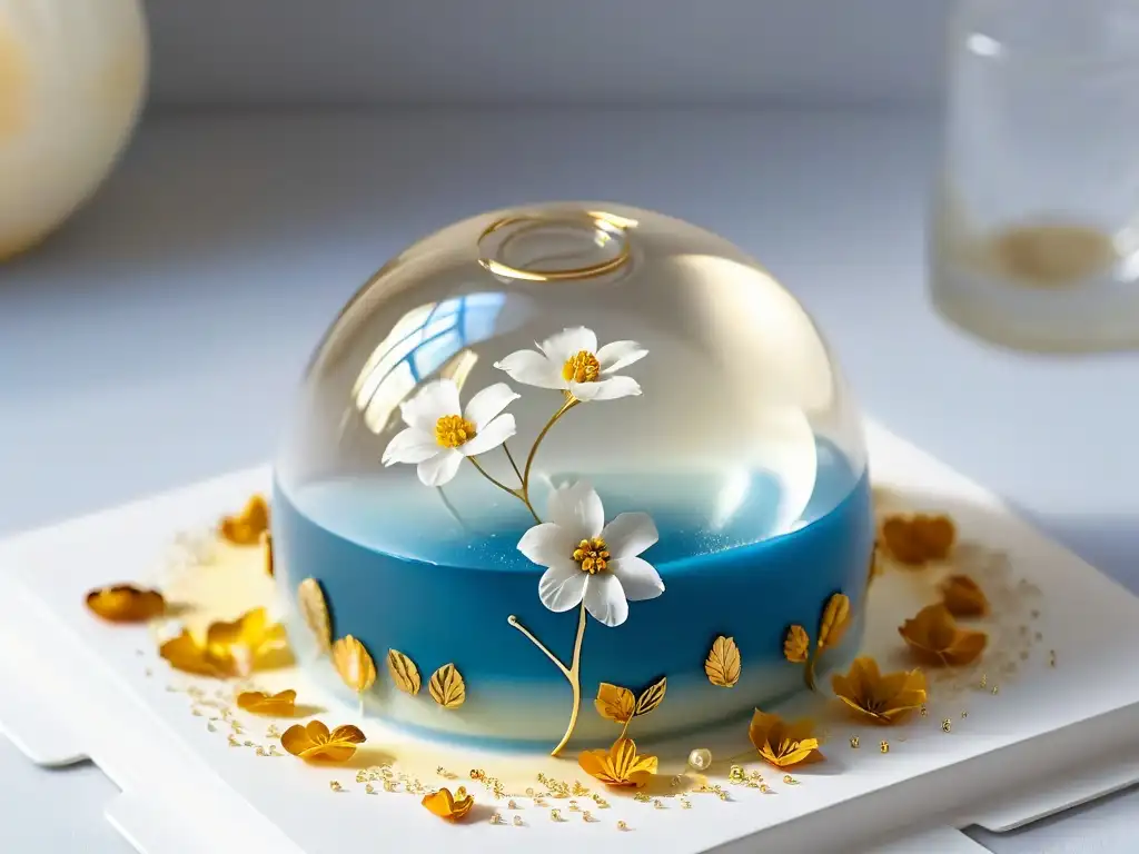 Una delicada flor comestible y una cúpula de azúcar transparente, reflejan la importancia de la precisión en repostería molecular