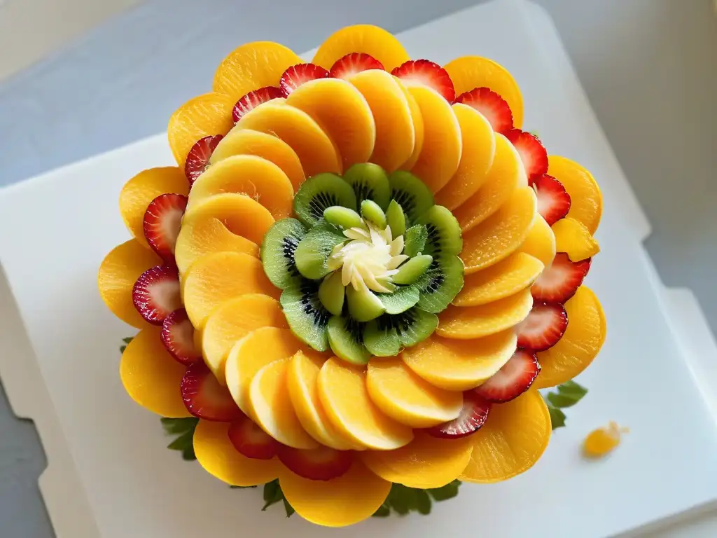 Delicada flor comestible hecha con frutas y verduras, perfecta para decoraciones comestibles para repostería