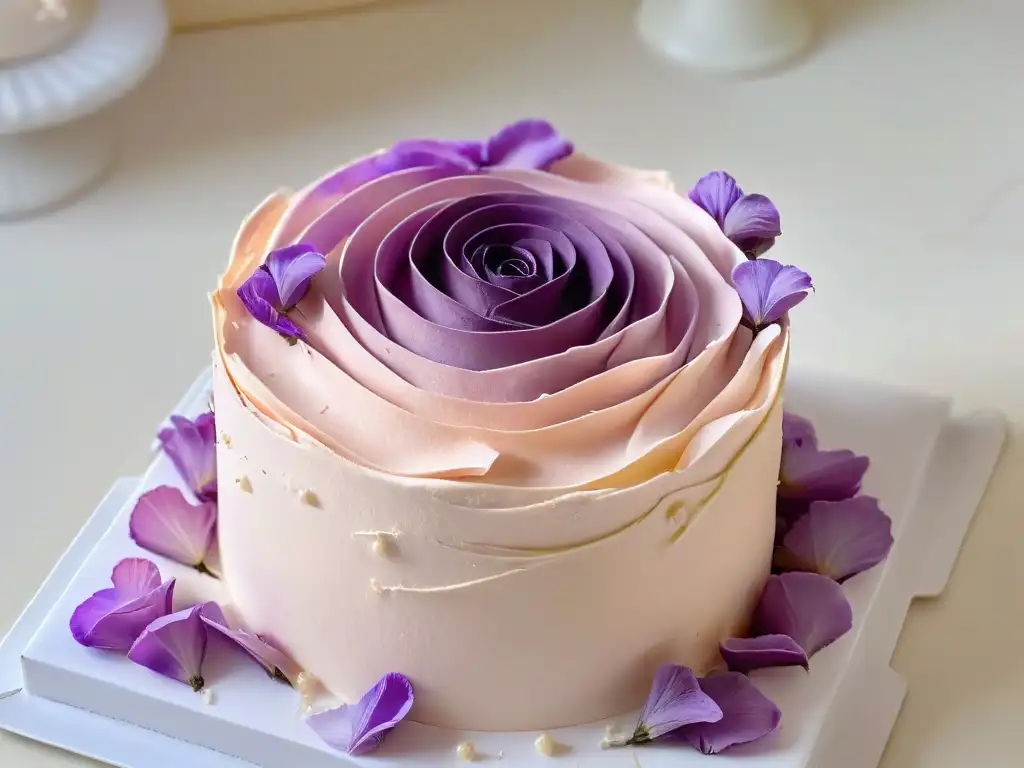 Delicada flor de lavanda sobre pétalos de rosa: exquisitez culinaria Delicada flor de lavanda sobre pétalos de rosa, realzando la belleza de la repostería con flores comestibles