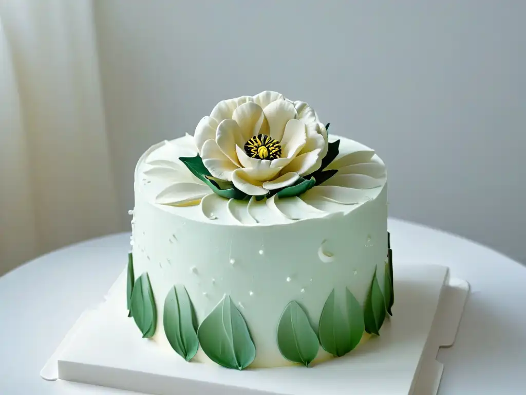 Delicada flor de azúcar en pastel blanco impecable, destaca la artesanía de los chefs ganadores de competencias de repostería