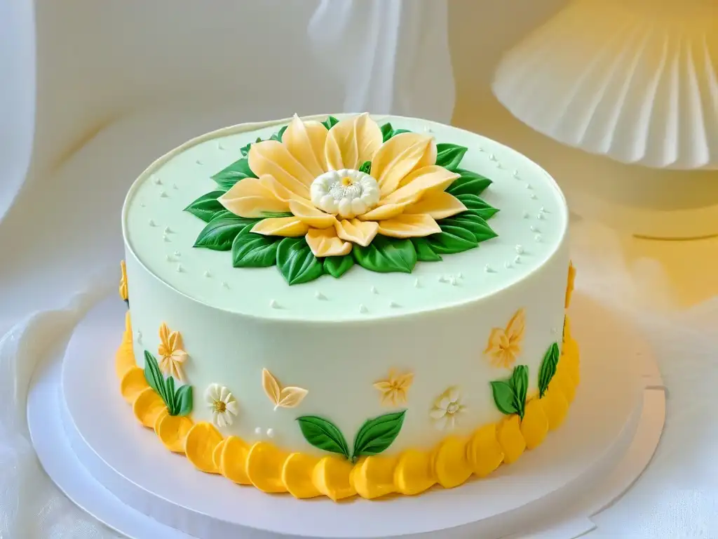 Delicada decoración floral en crema pastelera, ejemplo de pastelería creativa para aplicaciones móviles