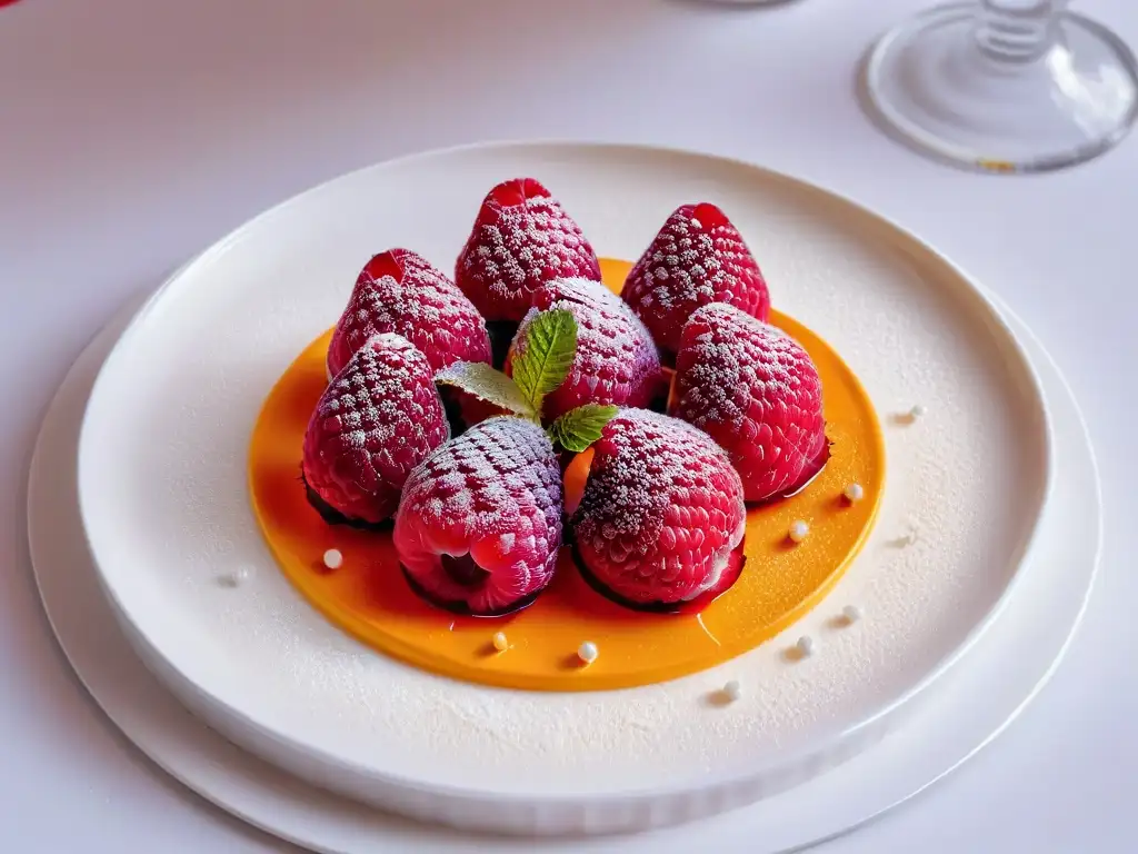 Delicada gelée de frambuesa en plato blanco, destacando su textura brillante y semillas