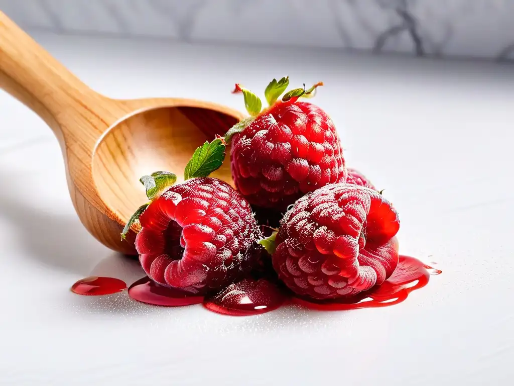 Delicada frambuesa roja aplastada por cuchara de madera en mármol blanco, perfecta para receta helado vainilla frutos rojos