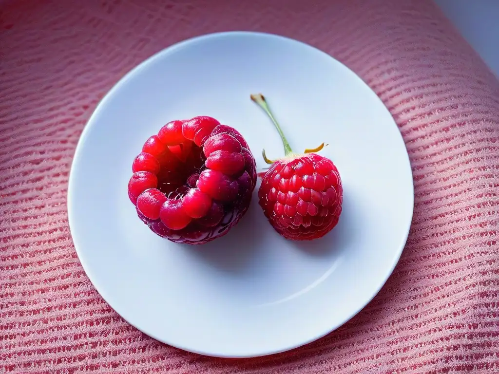 Delicada frambuesa roja siendo cortada, resaltando su jugosa textura y patrón de semillas, en un fondo blanco