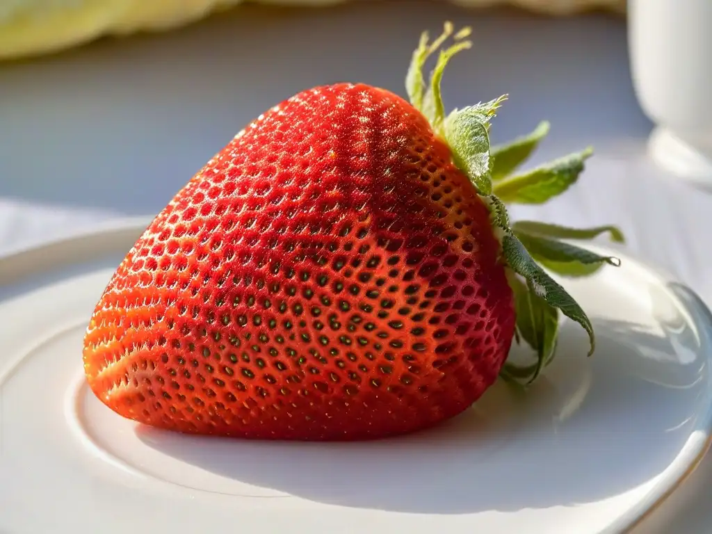 Delicada fresa ecológica madura, brillante y fresca en plato de porcelana blanco, en entorno natural