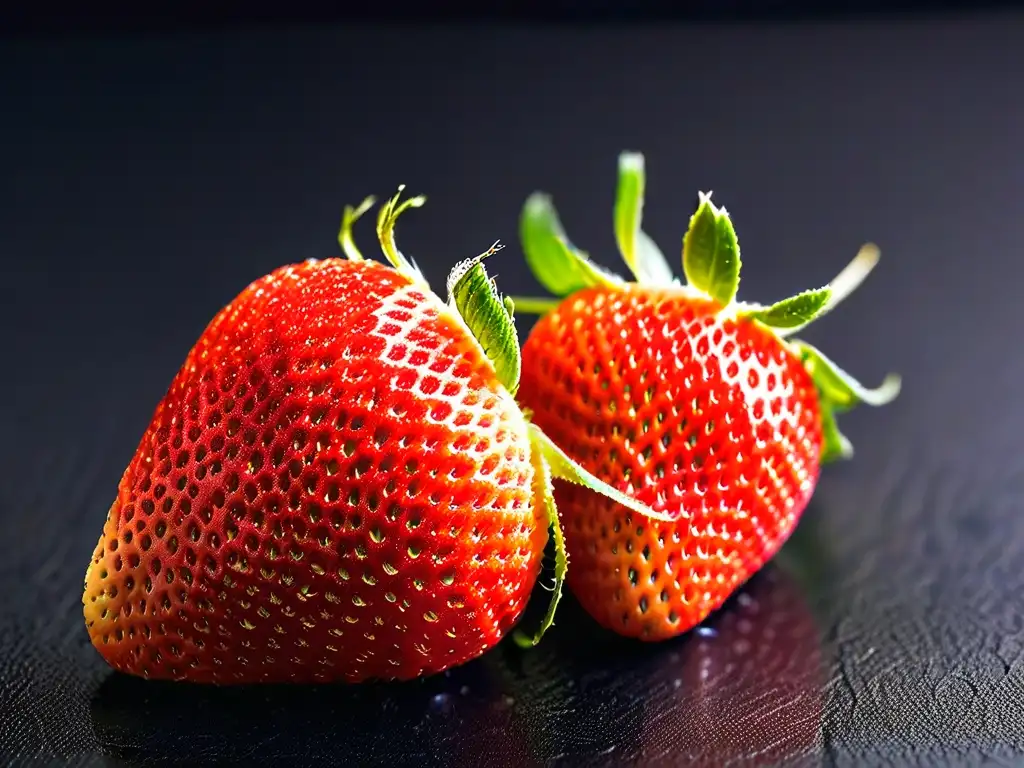 Delicada fresa madura con rocío, resaltando su color rojo y semillas, en equilibrio dulzor recetas sin azúcar