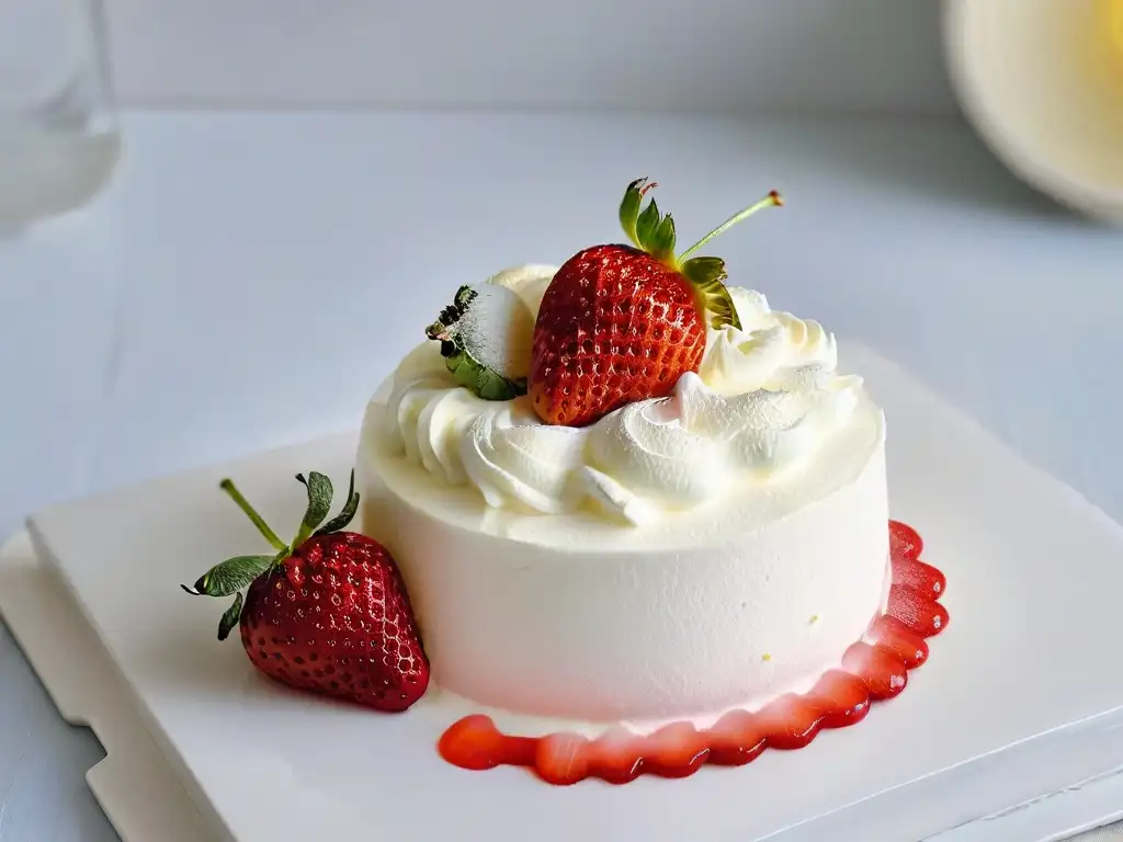 Deliciosa fresa madura sobre crema batida Delicada fresa madura sobre crema batida blanca, resaltando la importancia de la trazabilidad de ingredientes repostería