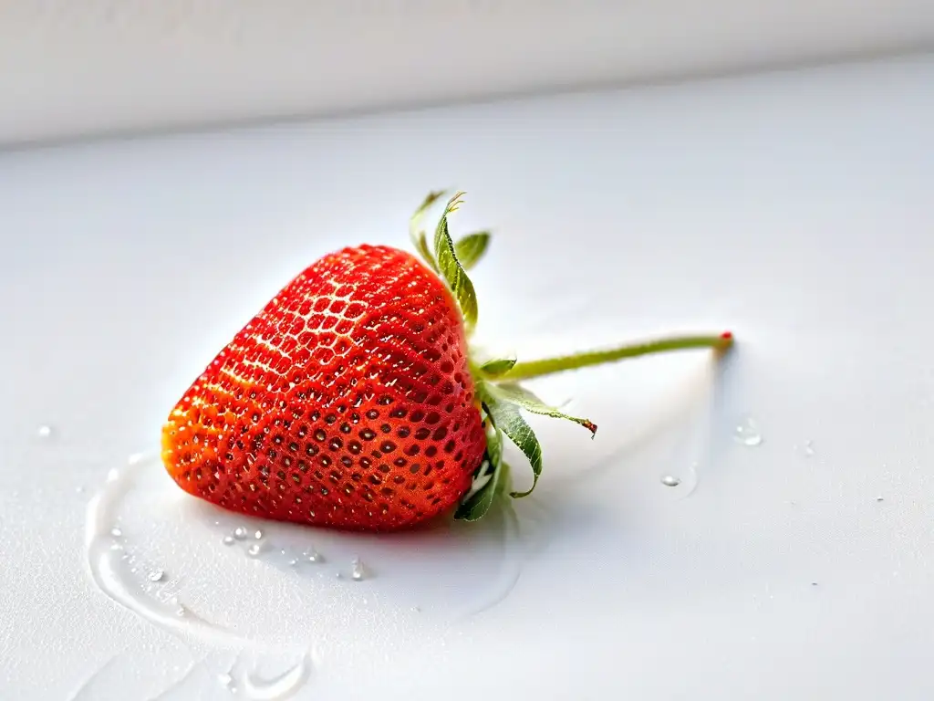 Delicada fresa madura con rocío, en fondo blanco