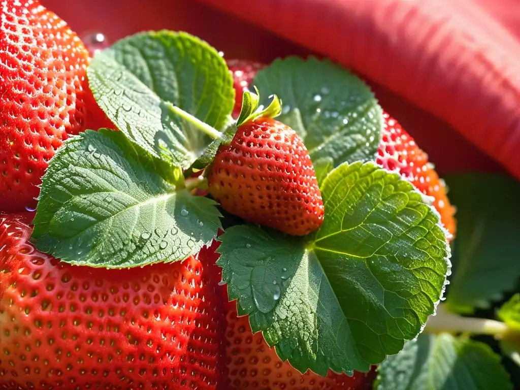 Delicada fresa orgánica sobre hojas de menta fresca, resaltando sus detalles y beneficios ingredientes orgánicos postres