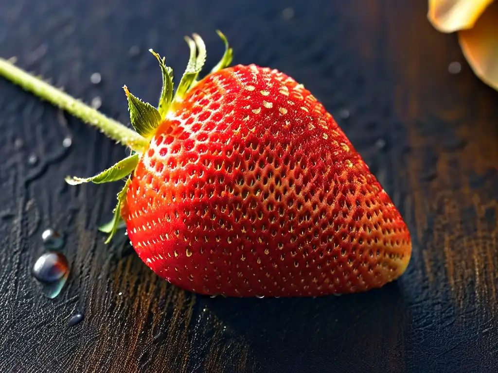 Delicada fresa orgánica madura, brillante bajo el sol, con color rojo intenso y semillas detalladas