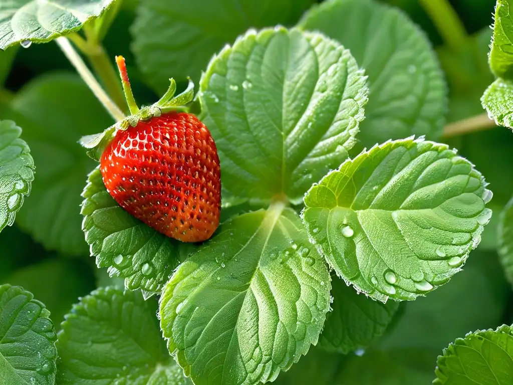 Delicada fresa roja sobre hojas de menta, realzando la frescura y origen de ingredientes en repostería