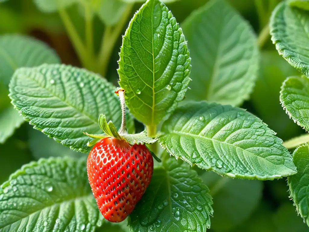 Delicada fresa roja madura sobre hojas verdes de menta, con gotas de agua brillantes bajo luz natural