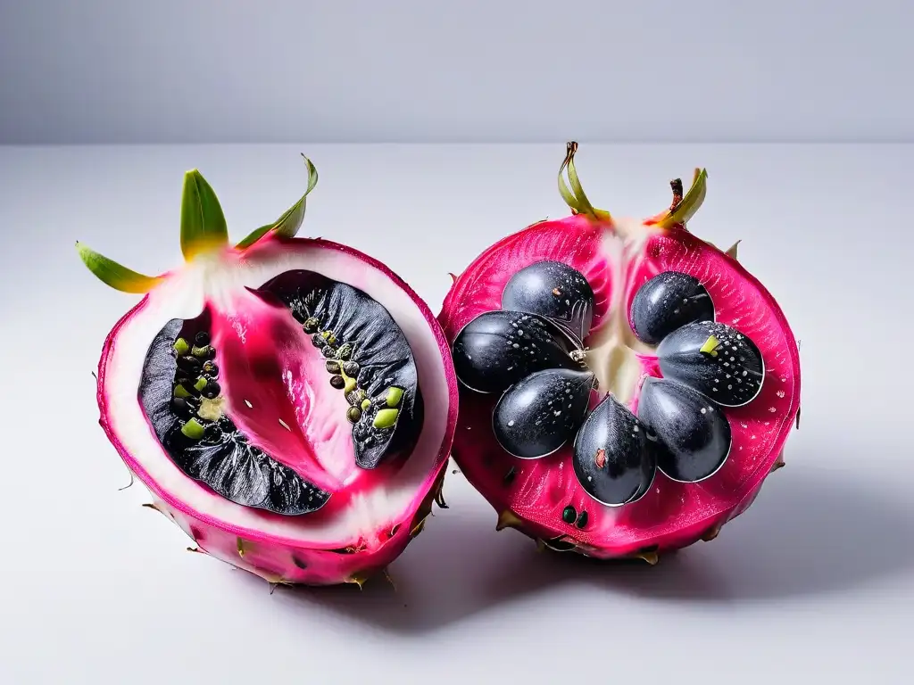 Delicada fruta pitahaya exótica, cortada y jugosa en un fondo blanco