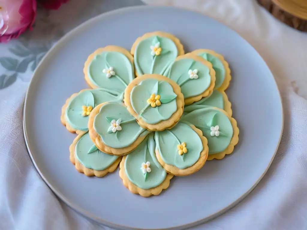 Delicada galleta decorada con arte floral en colores pastel y detalles dorados, exhibiendo la artesanía de talleres galletas decoradas arte sabor