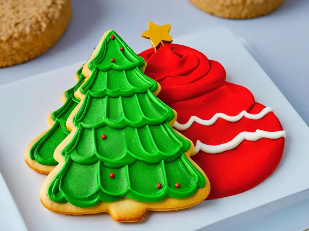 Delicada galleta navideña decorada con glaseado rojo y verde brillante, ideal para recetas tradicionales repostería navideña