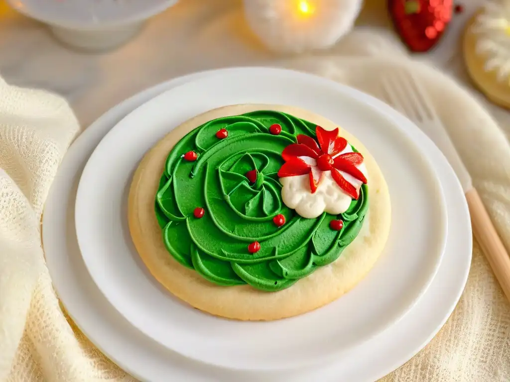 Delicada galleta navideña decorada con glaseado rojo y verde, sobre un plato blanco en una cocina festiva