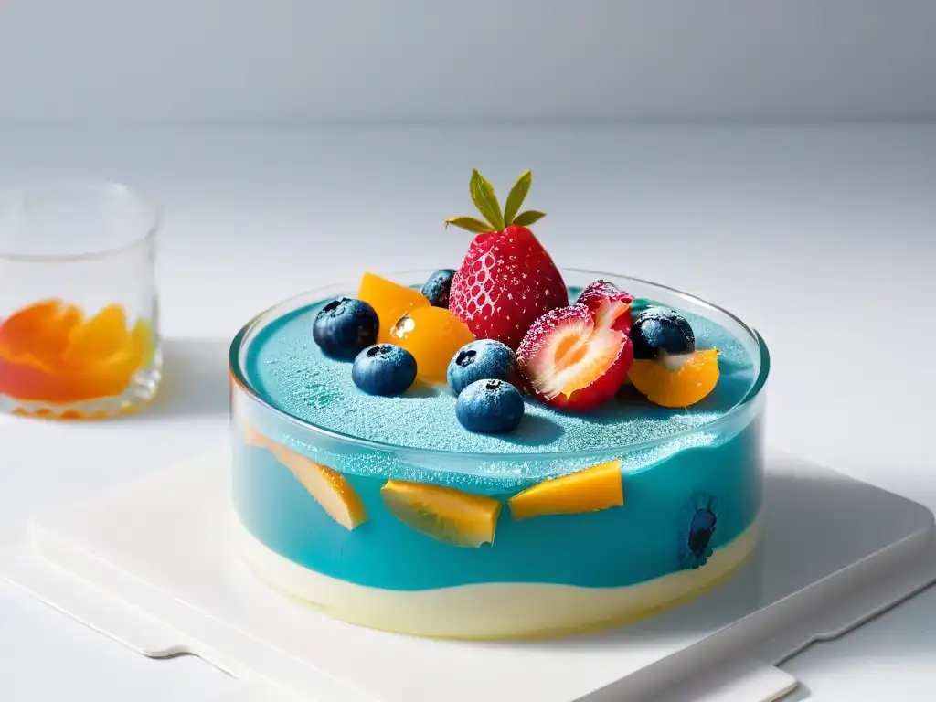 Delicada gelatina de frutas en vaso transparente, obra de gelificación con pectinas y gelatinas