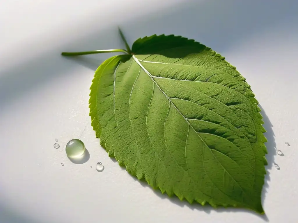 Delicada hoja de té verde cubierta de matcha en mármol blanco