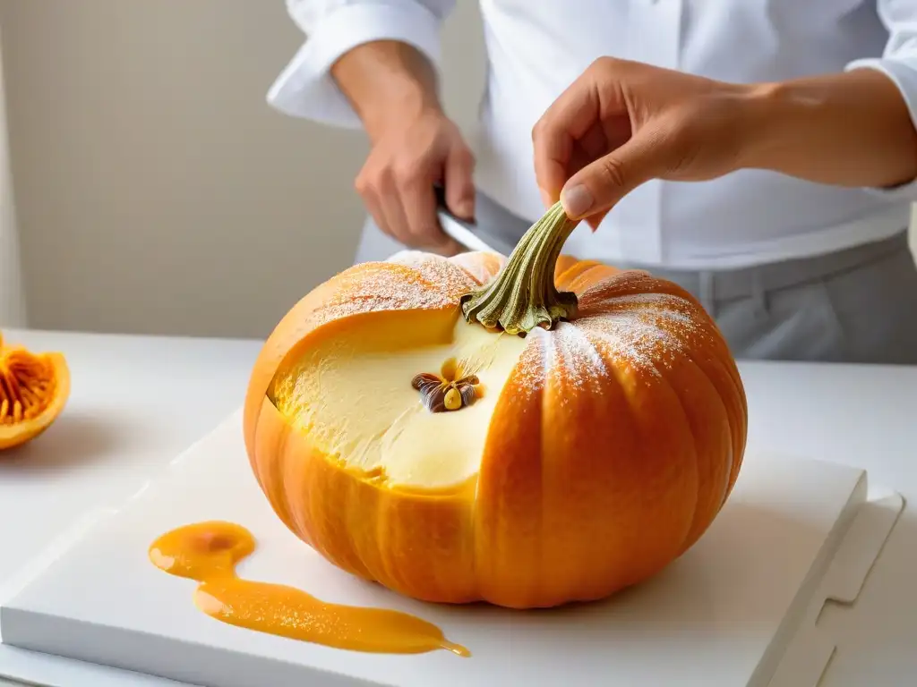 Deliciosa Crema Catalana de calabaza: corte perfecto Delicada calabaza naranja siendo cortada, ideal para la receta crema catalana calabaza