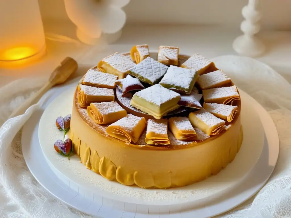 Una delicada imagen de postres tradicionales de Ramadán, como baklava y kunafa, resaltando sus detalles y colores vibrantes