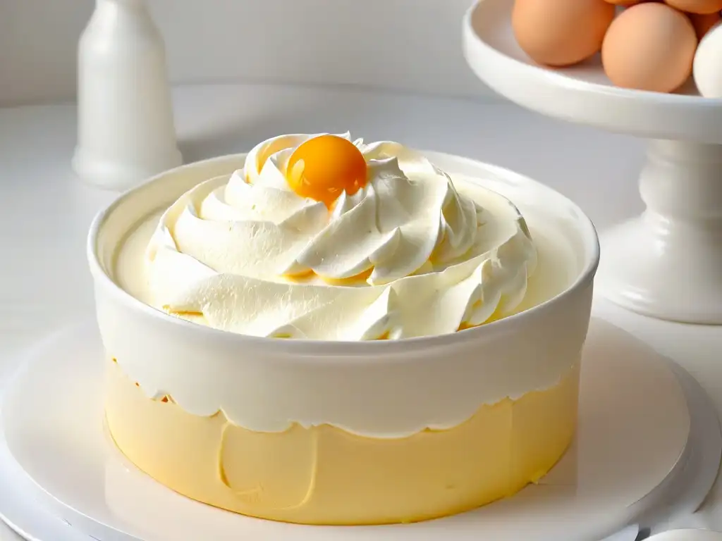 Delicada incorporación de proteínas en repostería: meringue perfectamente batido con vainilla y luz dorada